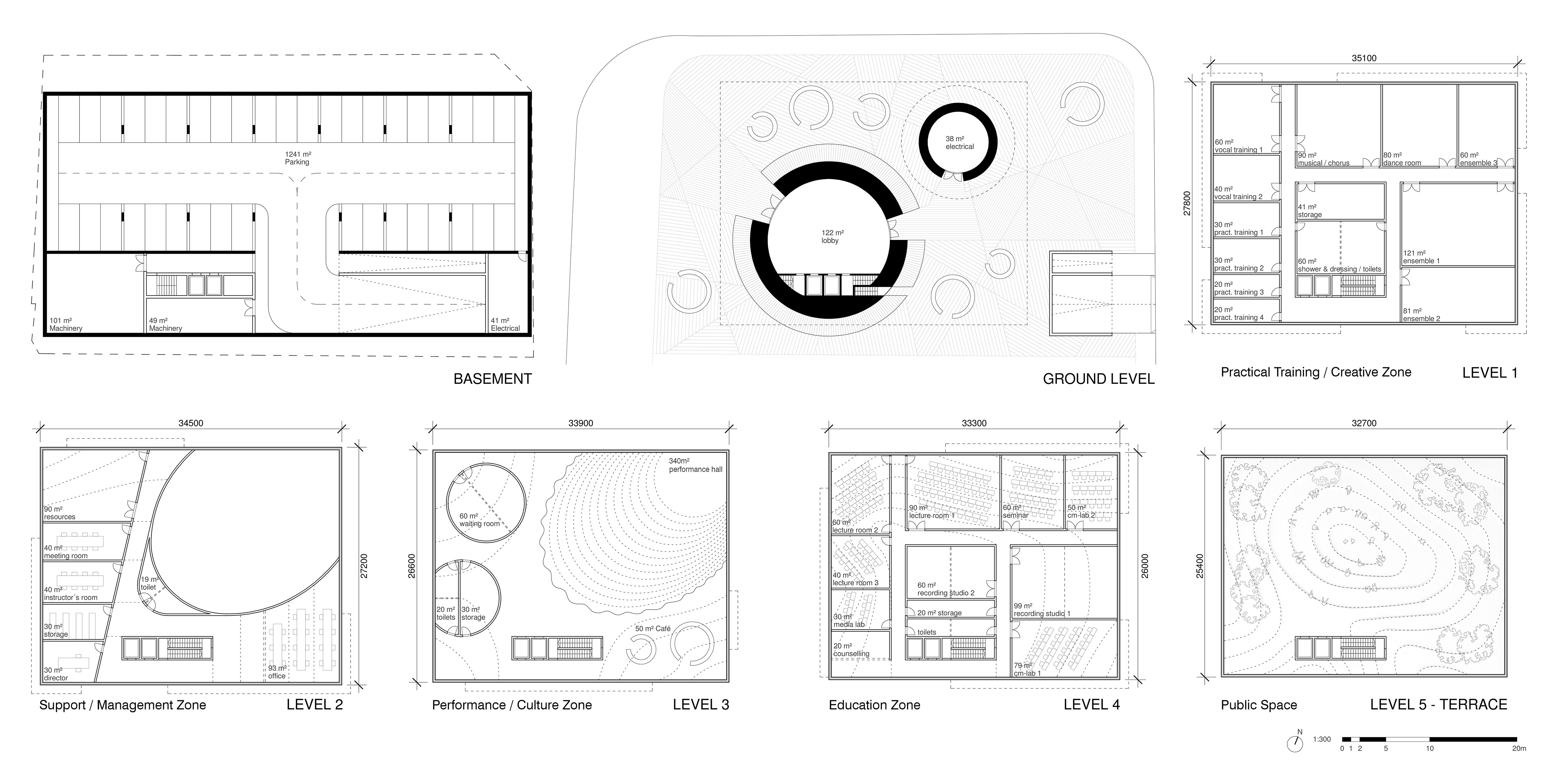 Escuela de música y sonido floor plans